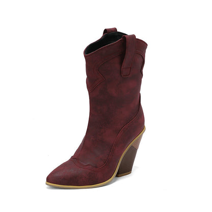 Retro Pointed Profiled Chunky Sleeve Middle Boots