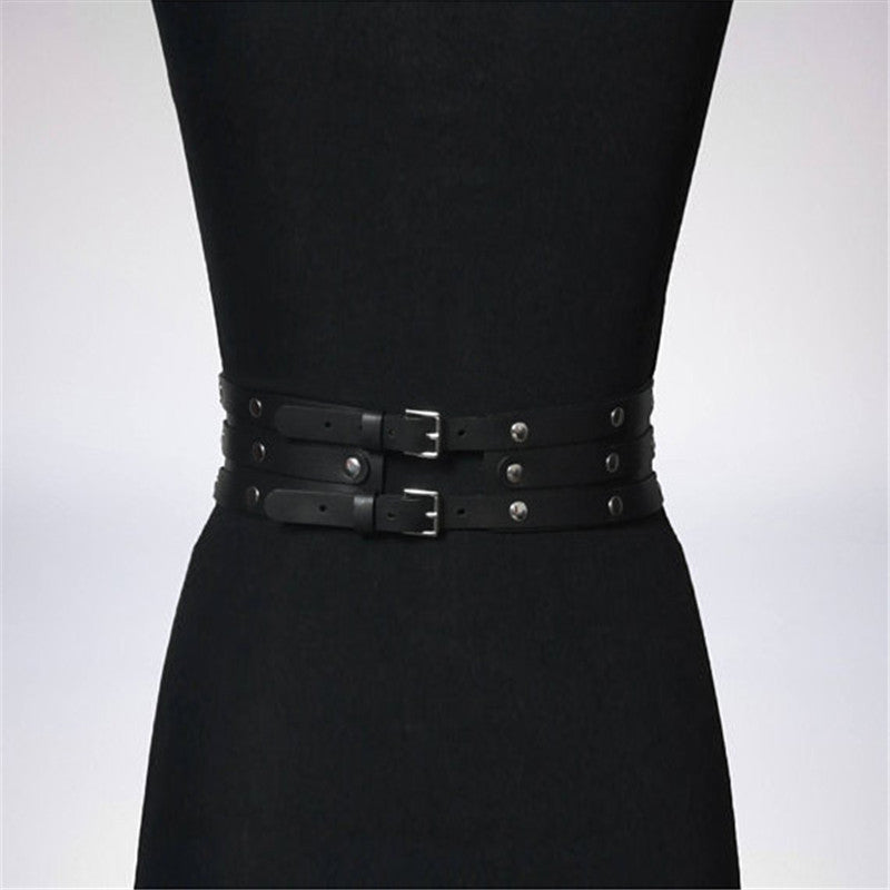 Black Leather Waist Body Harness 3 Layer Metal Hoop Patchwork Rivet Belts