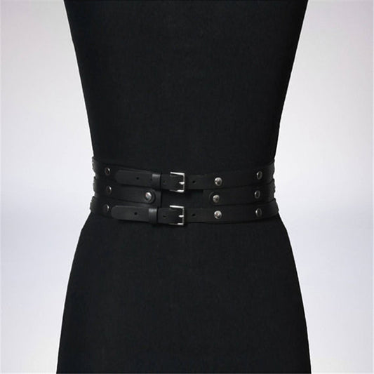Black Leather Waist Body Harness 3 Layer Metal Hoop Patchwork Rivet Belts