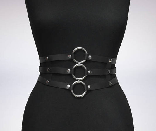 Black Leather Waist Body Harness 3 Layer Metal Hoop Patchwork Rivet Belts