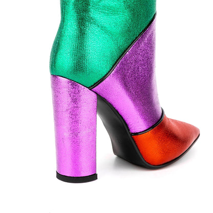 Tribal Card Metal Rainbow Color-blocking Pointed Chunky Heel Boots