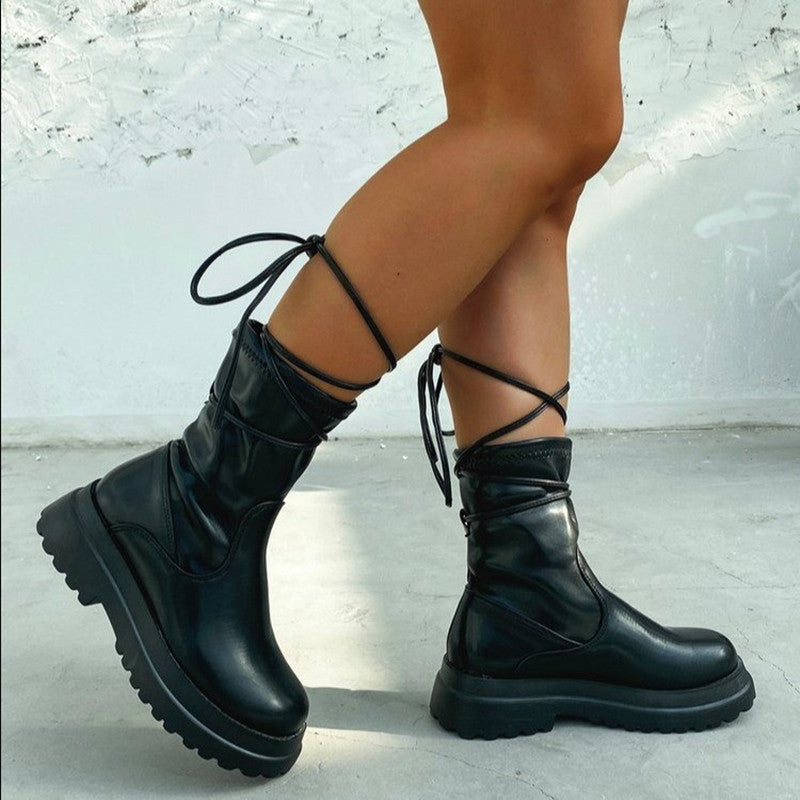 Platform Lace-up Middle Ankle Boots