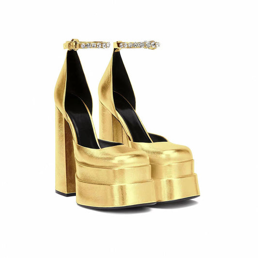 Square Head Hollow Platform Buckled Chunky Heels