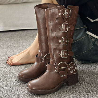 Leather Buckle Western Cowboy Boots