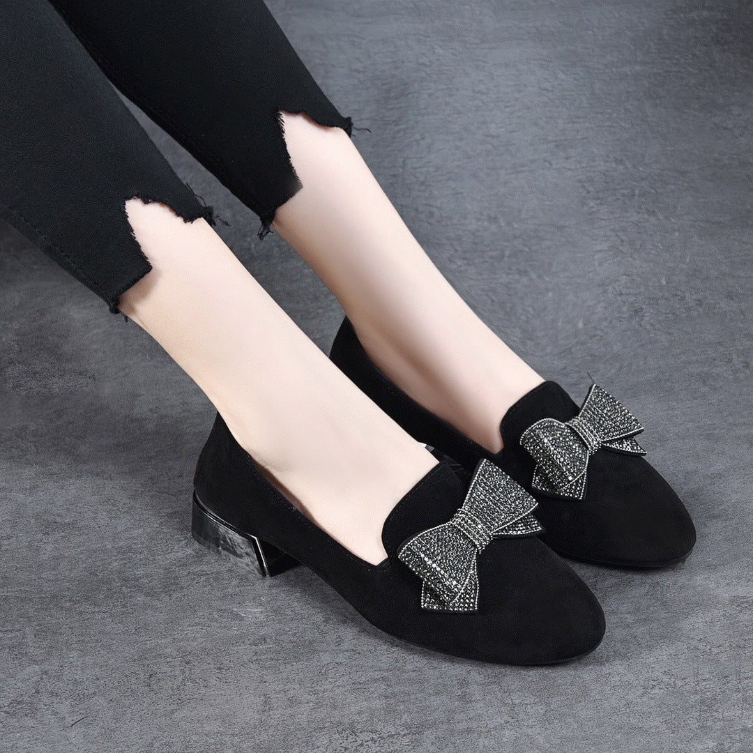 Round Toe Rhinestone Bow Leather Flats