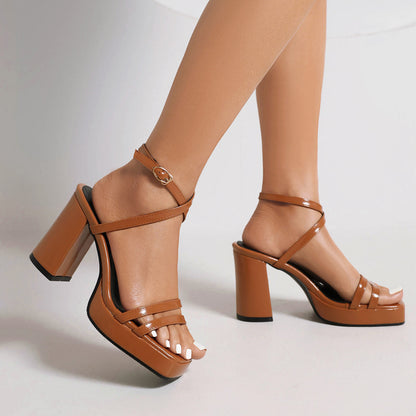 Square Toe Thin Strap Buckle Wide Strap High Heels