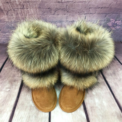 Mid-Calf Fox Fur Snow Boots