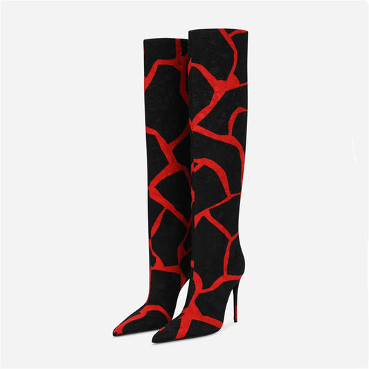 Pointed Stiletto Heel Print Boots Black and Red