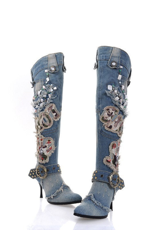 String Bead Knee High Denim Stiletto Boots