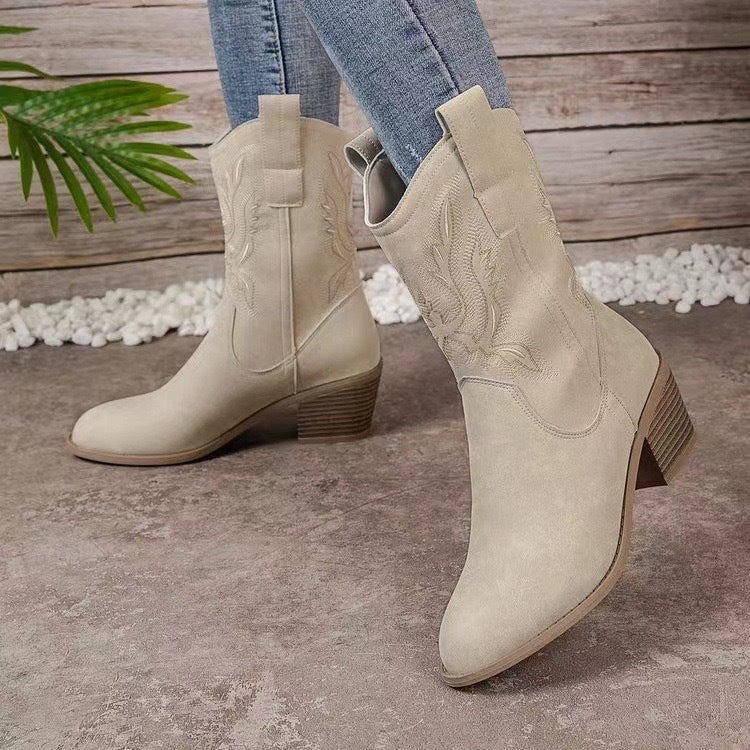 Chunky-Heeled Pointed Toe Embroidered Mid-Tube Western Boots