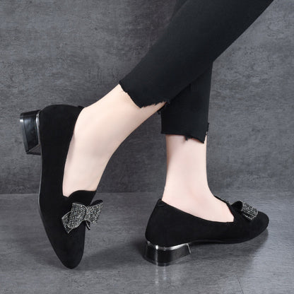 Round Toe Rhinestone Bow Leather Flats