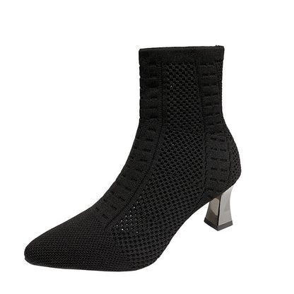 Knitted Sock Short Pointed Chunky Heel Boots