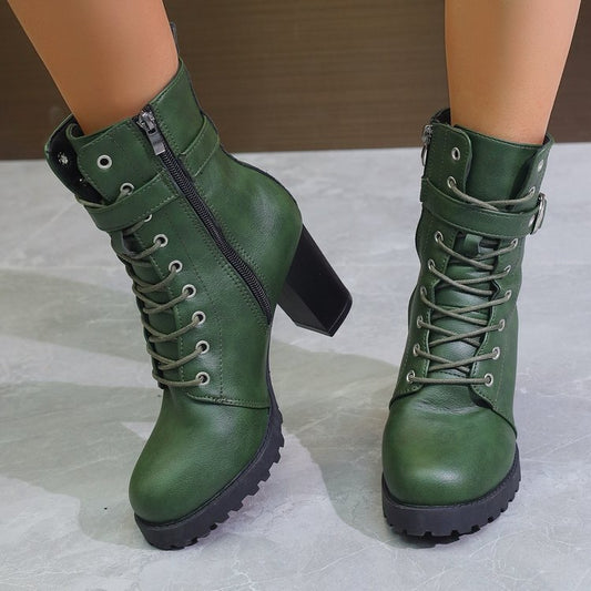 Side Zipper Buckle Low Tube Round Toe Boots