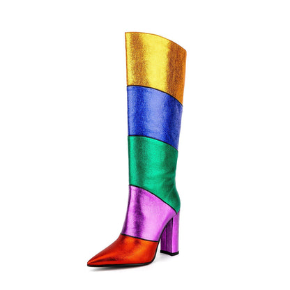Tribal Card Metal Rainbow Color-blocking Pointed Chunky Heel Boots