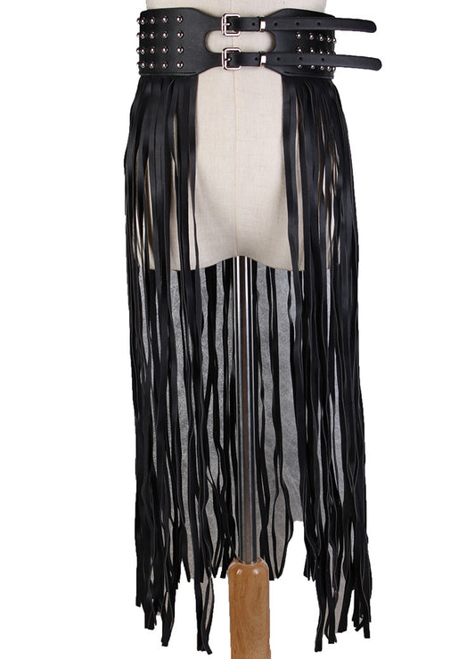 Black Fantastic Long Fringe Belt Leather Designer Belts