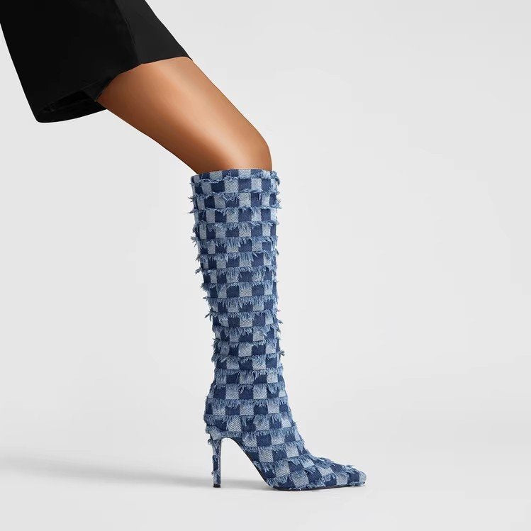 Chessboard Plaid Denim Blue Cloth Boots