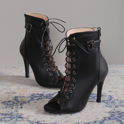 Peep Toe Lace-up Buckle Back Zipper Heels
