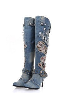 String Bead Knee High Denim Stiletto Boots