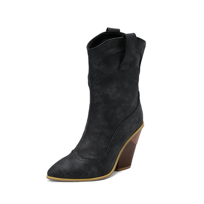 Retro Pointed Profiled Chunky Sleeve Middle Boots