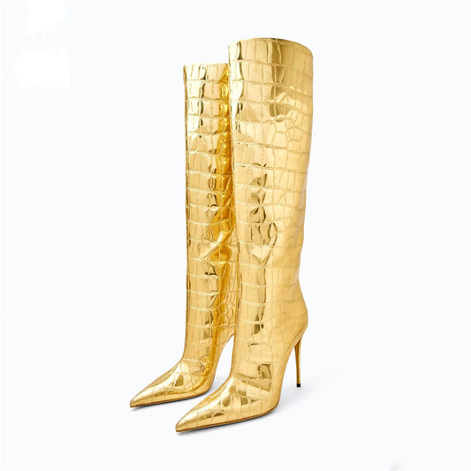 Pointed Stiletto Heel Print Boots Gold