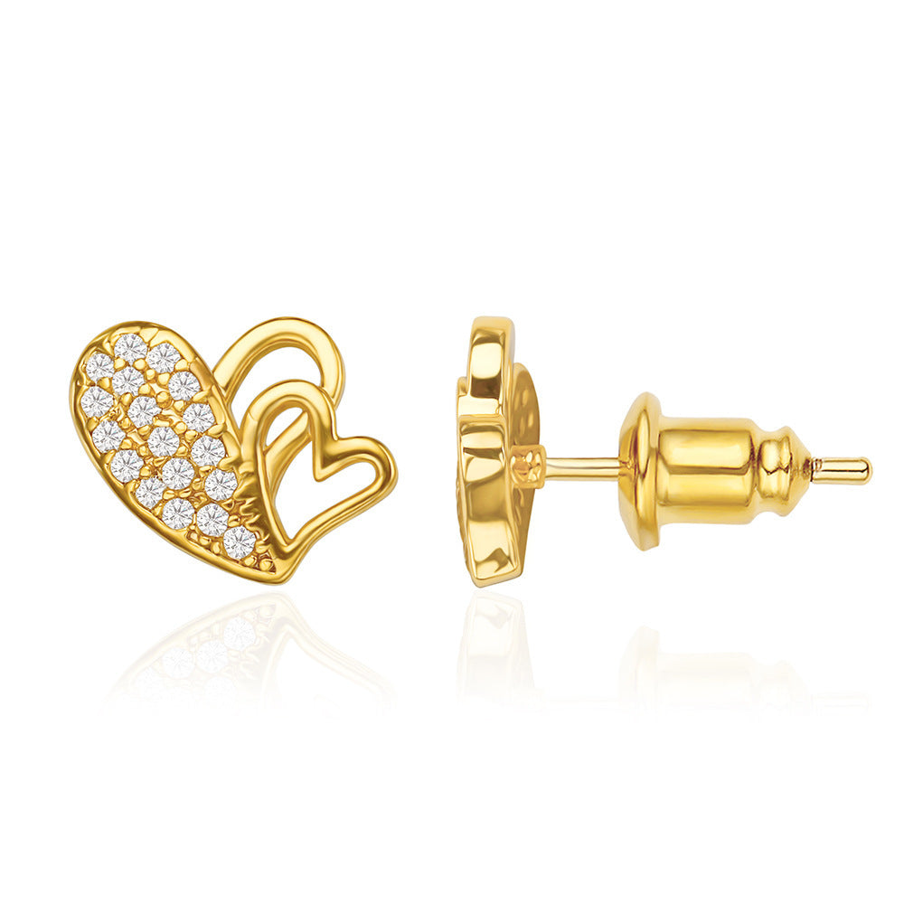 Double Hollowed Heart Shape Ear Studs Copper Inlaid