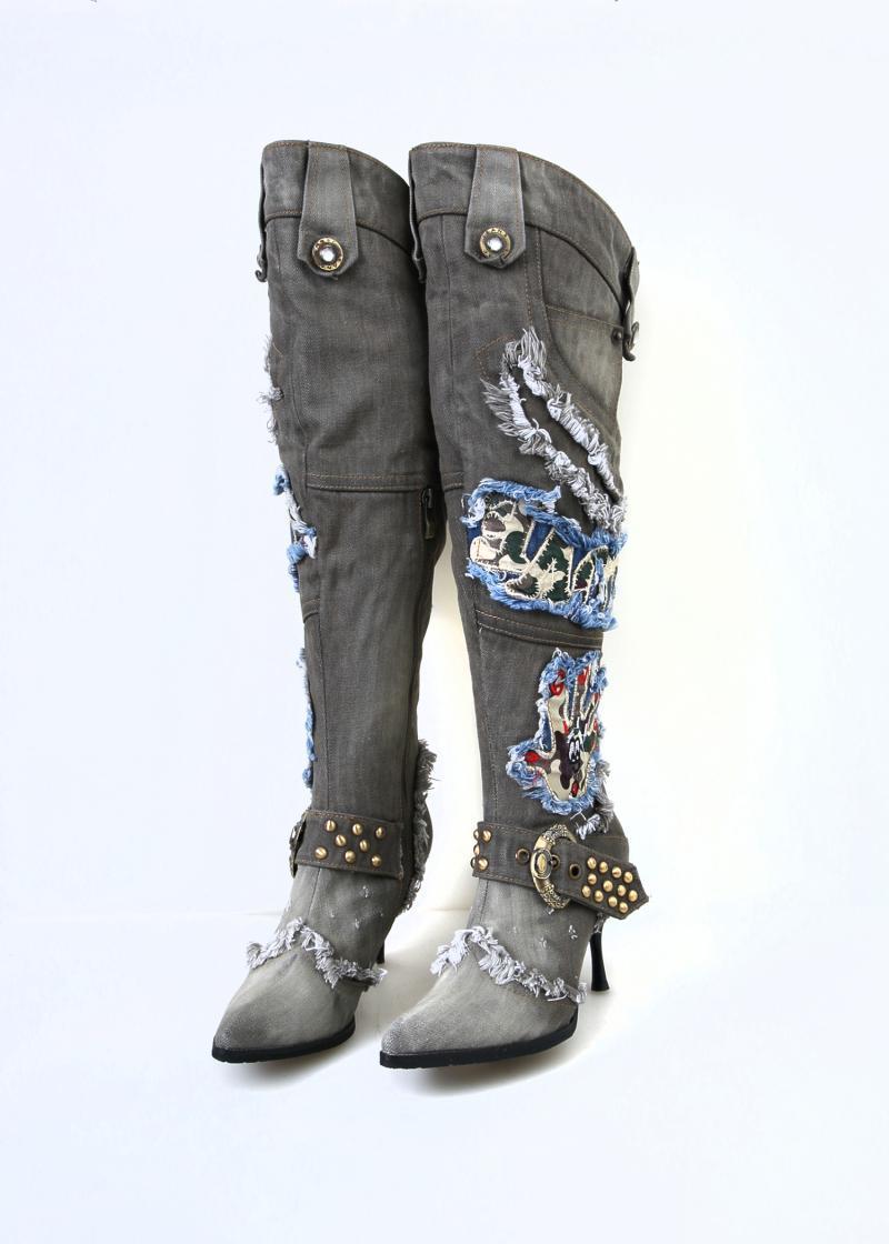 String Bead Knee High Denim Stiletto Boots