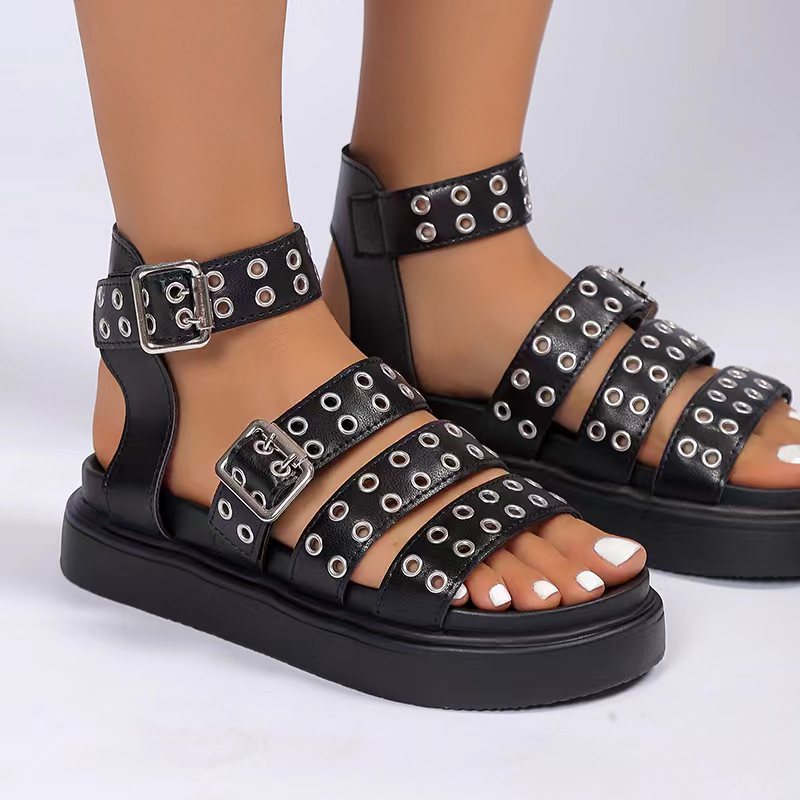 Open Toe Thick Bottom Rivet Button Sandals