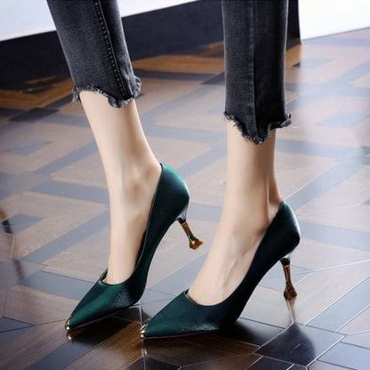 Pointed Gold Toe Satin High Heels