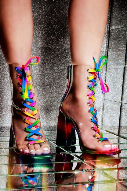 Transparent Rainbow Color Lace-Up Thick Heels