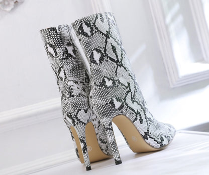 Snake Skin Stiletto Pointed Toe Heel Boots
