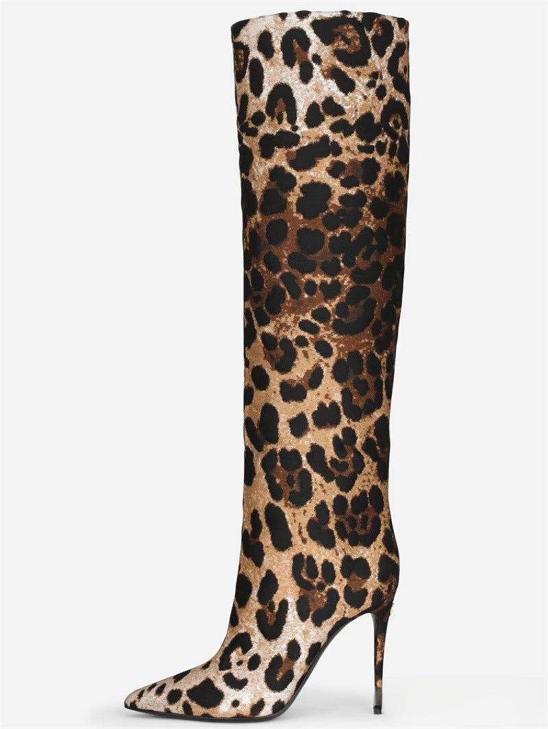 Pointed Stiletto Heel Print Boots Leopard Print