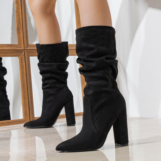 Chunky Pointed-Toe High Heel Pile Boots