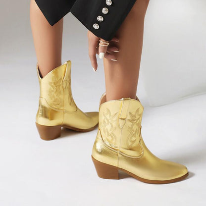 Mirror Patent Leather Embroidery Boots 
