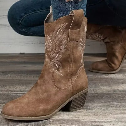 Chunky-Heeled Pointed Toe Embroidered Mid-Tube Western Boots