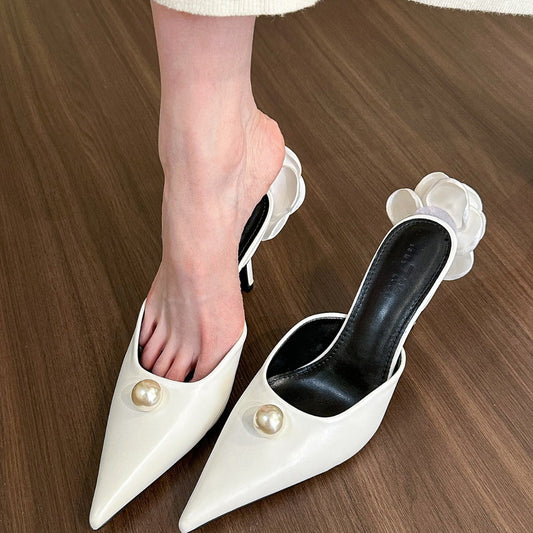 Pointed Pearl Half Slippers High Heel