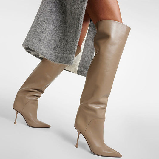 Pointed-Toe Stiletto Slip-on Below The Knee Plus Size Straight Boots