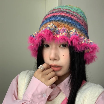 Rainbow Striped Oil Painting Knitted Wool Hats