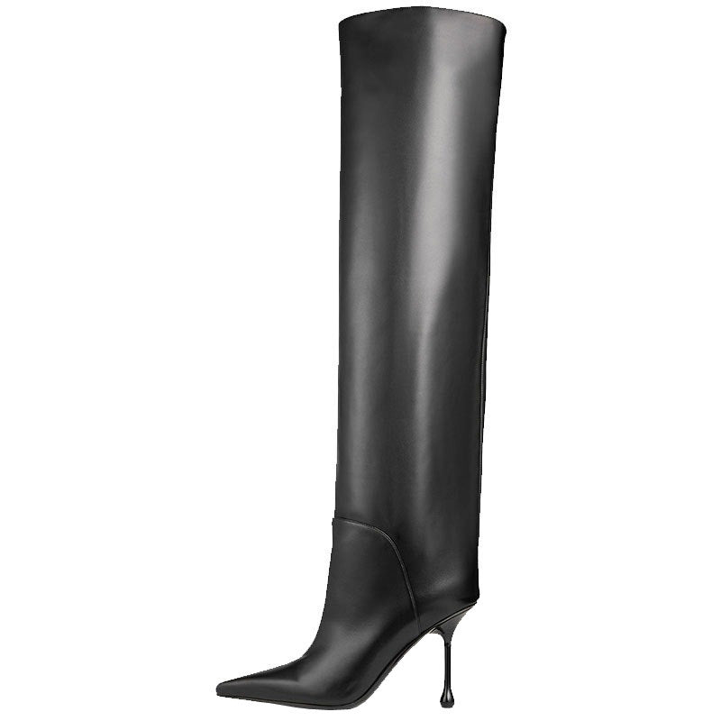 Pointed-Toe Stiletto Slip-on Below The Knee Plus Size Straight Boots