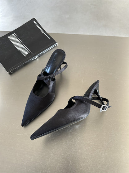 Pointed Toe Light Satin Cross Strap Heels