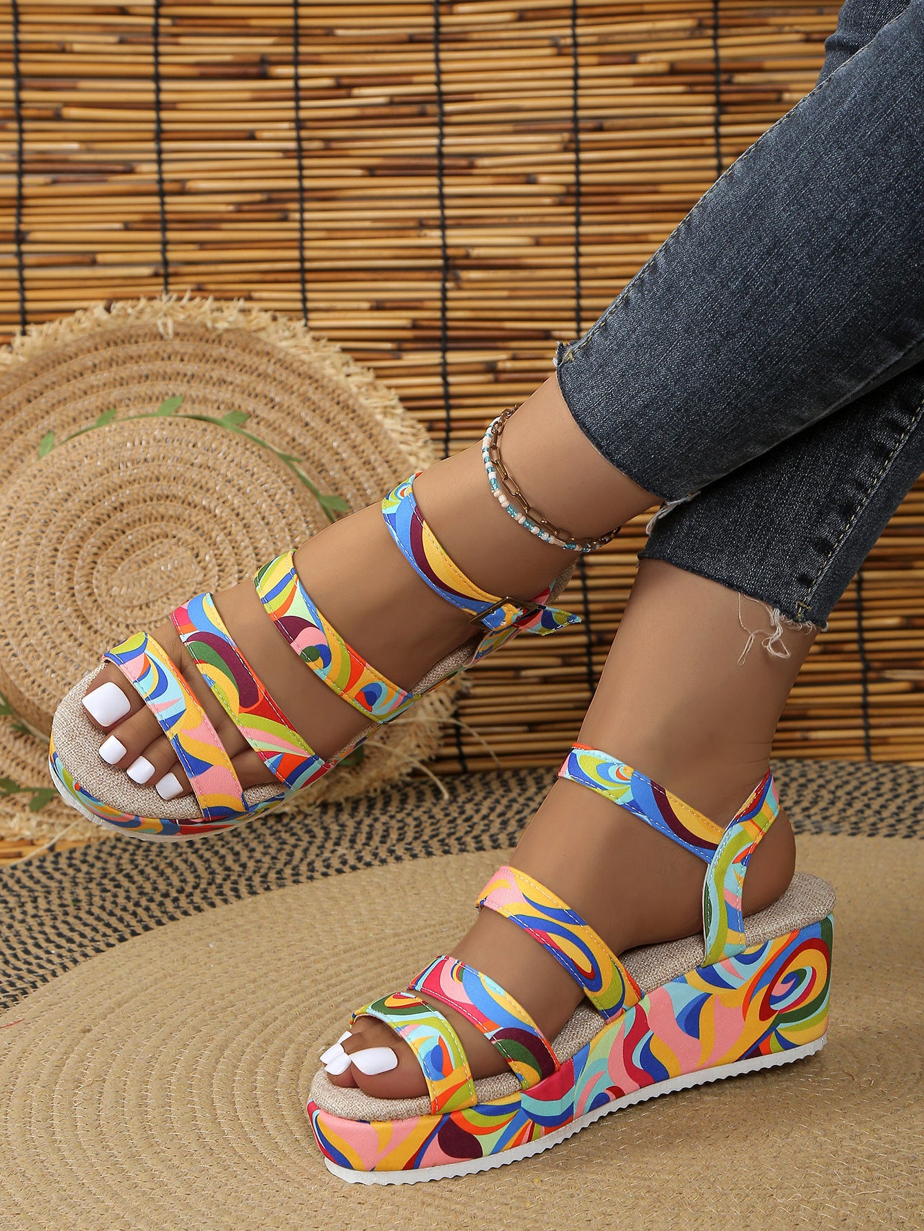 Colorful Peep Toe Buckle Sandals