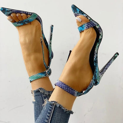 Snake Skin Pointed Toe Stiletto Heel Sandals