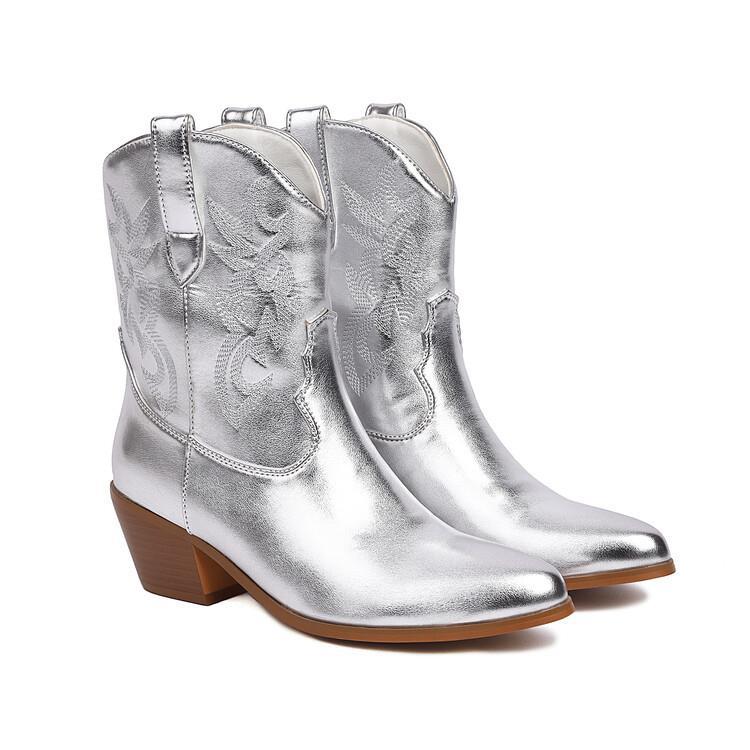 Mirror Patent Leather Embroidery Boots 