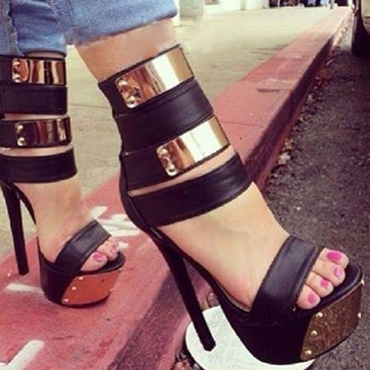 Open Toe Roman Sandals Metal Sheet Rivet Waterproof Platform High Heels