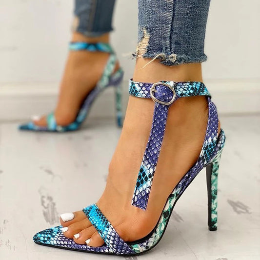 Snake Skin Pointed Toe Stiletto Heel Sandals