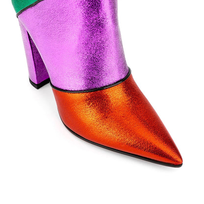 Tribal Card Metal Rainbow Color-blocking Pointed Chunky Heel Boots