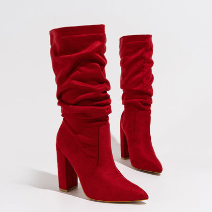 Chunky Pointed-Toe High Heel Pile Boots