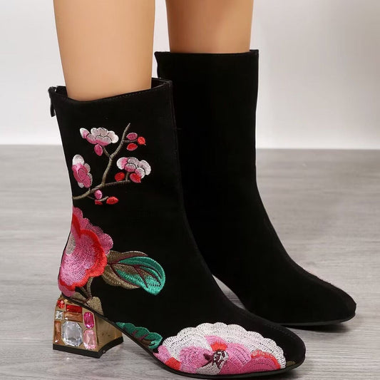 Flower Mid-calf Vintage Embroidery Boots