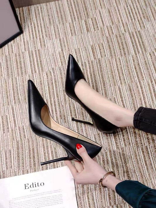 Black Soft Leather Stiletto Pointed Toe High Heels
