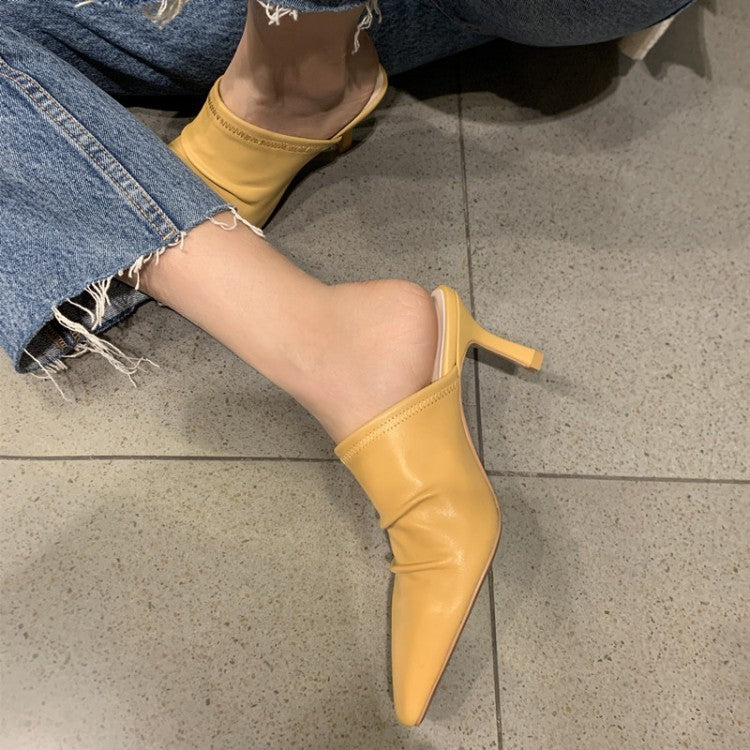 Cowhide Closed Toe Pleated Thin Heels