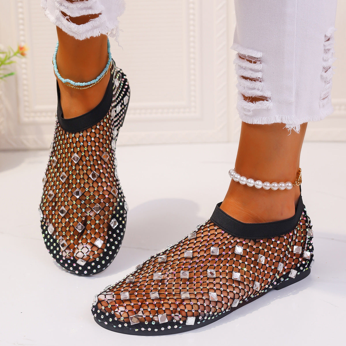 Mesh Flat Colorful Rhinestone Sandals